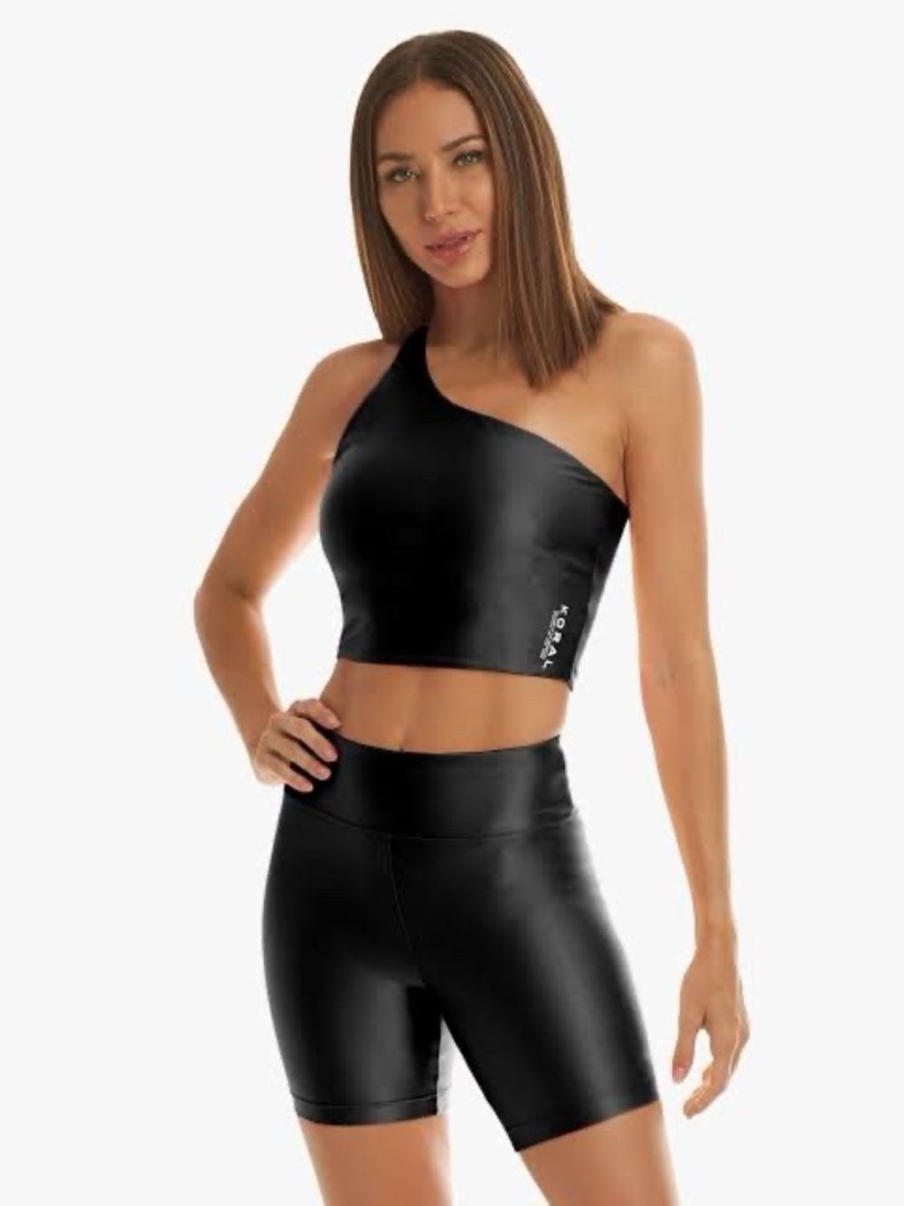 KORAL Black Shine Activewear Set | XS One-Shoulder Bra + Small Biker Shorts